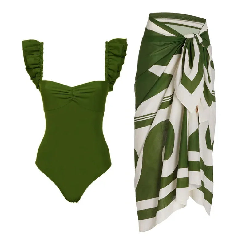 Conjunto maiô e canga verde elegante cheio de estilo