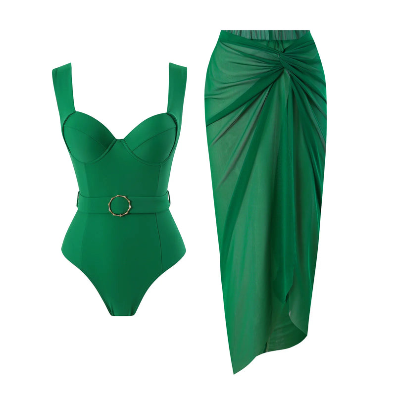 Conjunto maiô e canga verde elegante cheio de estilo